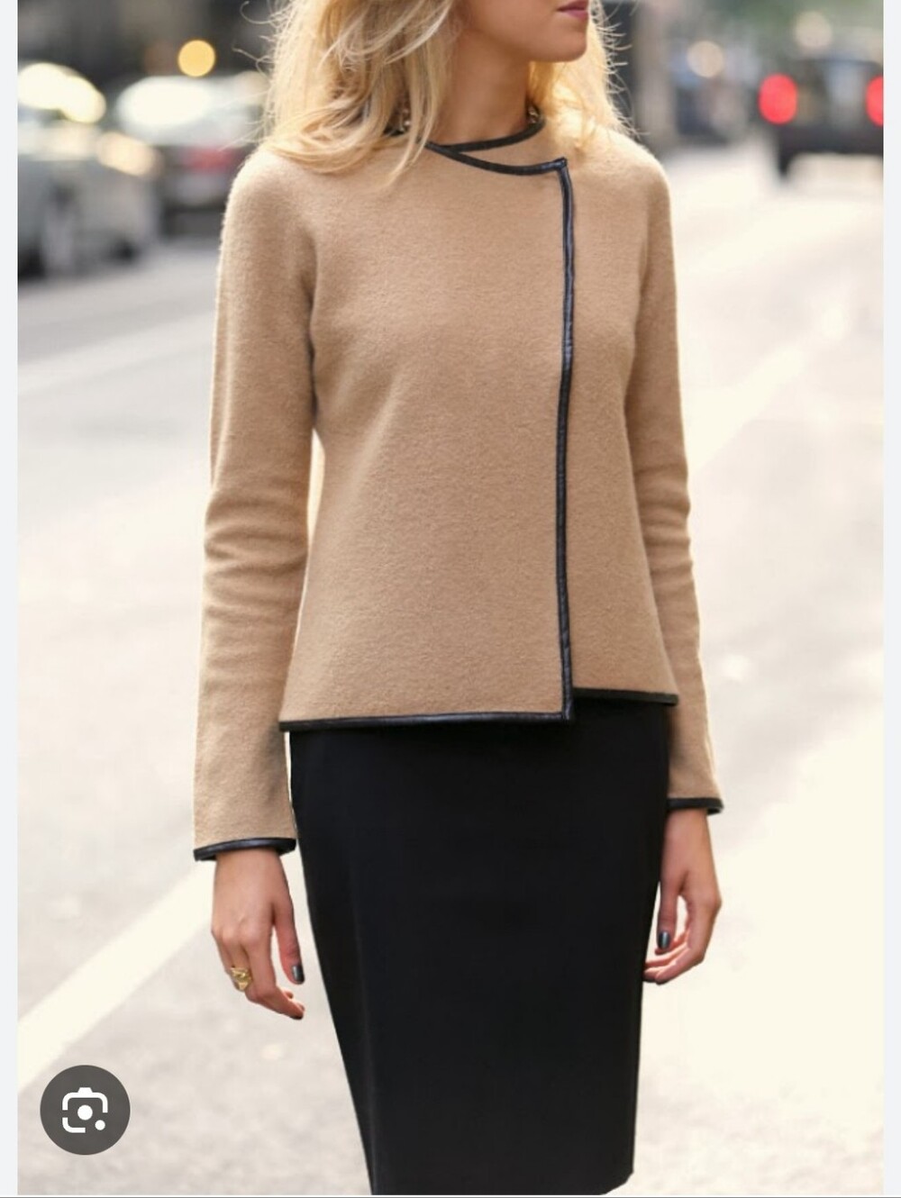 Camel 100% Wool Open Front Jacket with Black Trim